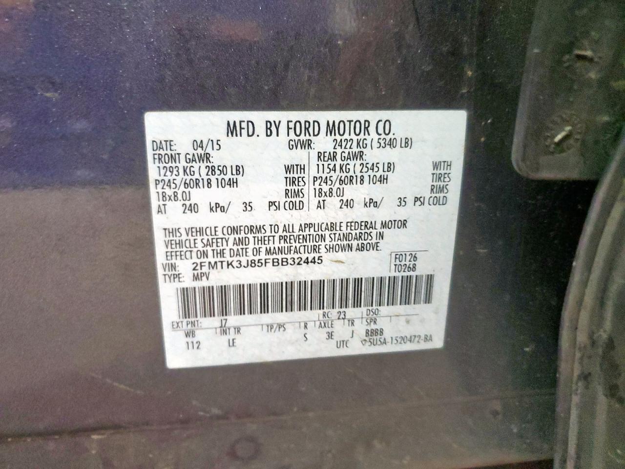 2015 Ford Edge Sel VIN: 2FMTK3J85FBB32445 Lot: 80453255