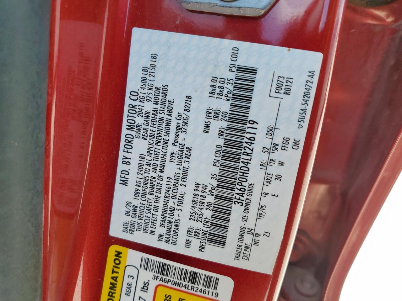 2020 Ford Fusion Se VIN: 3FA6P0HD4LR246119 Lot: 84301075