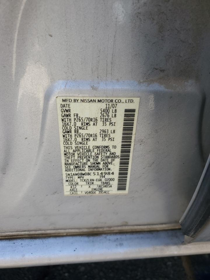 2008 Nissan Xterra Off Road VIN: 5N1AN08W08C514984 Lot: 81682595