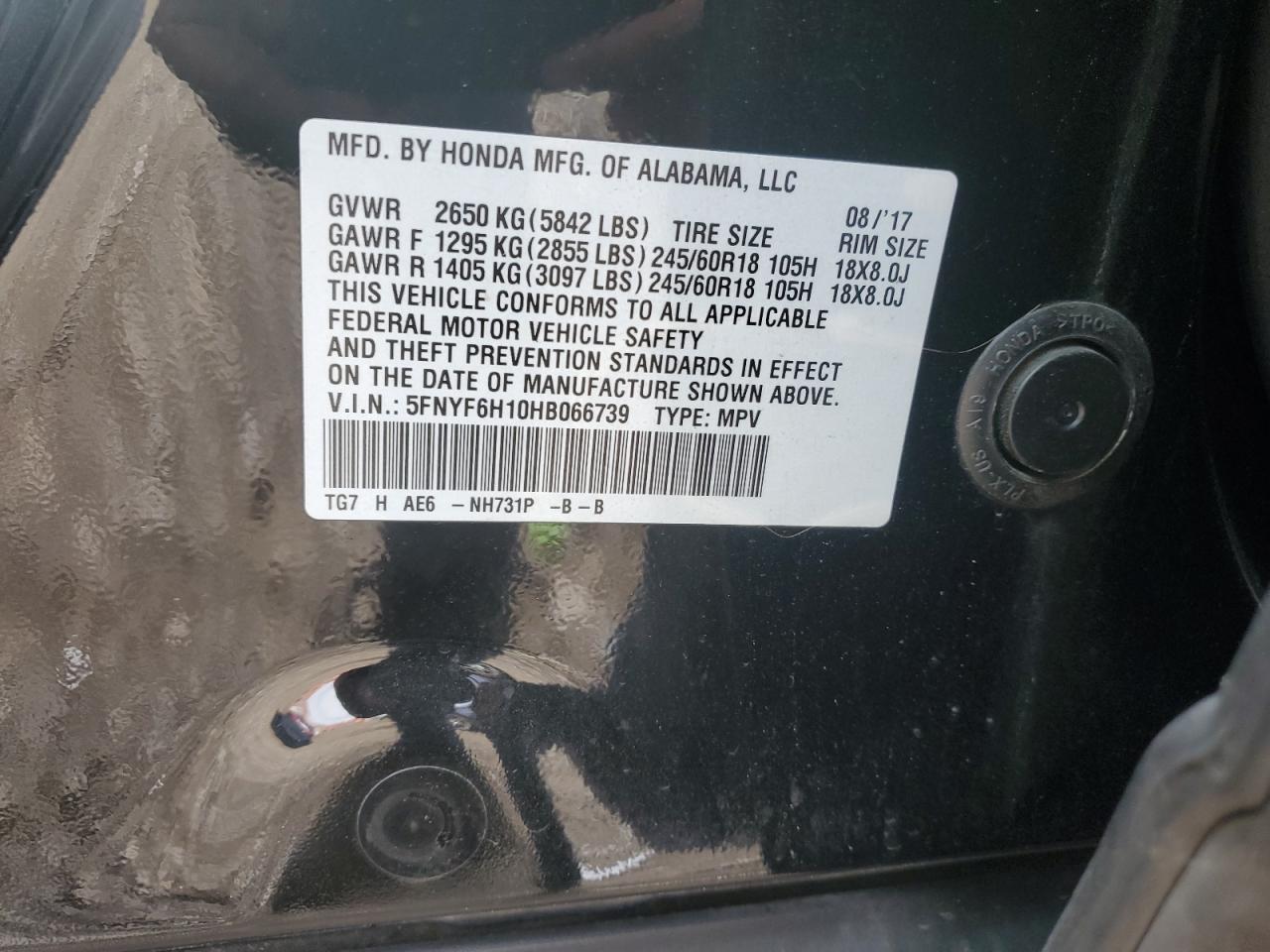 2017 Honda Pilot Lx VIN: 5FNYF6H10HB066739 Lot: 81767095