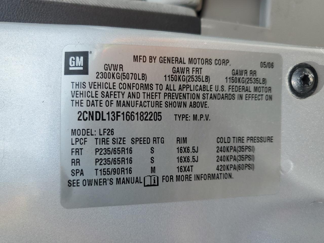 2006 Chevrolet Equinox Ls VIN: 2CNDL13F166182205 Lot: 70581525