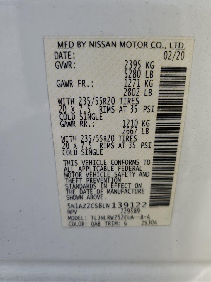 2020 Nissan Murano Sl VIN: 5N1AZ2CS8LN139122 Lot: 80442855