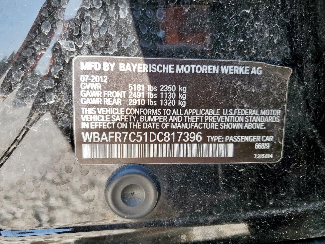 2013 BMW 535 I VIN: WBAFR7C51DC817396 Lot: 71969775