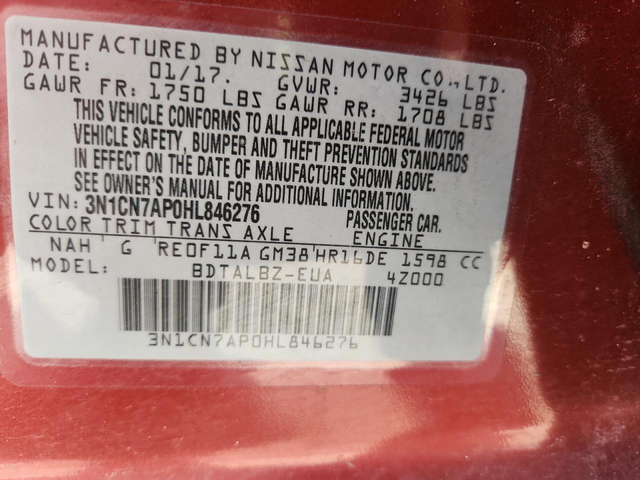 2017 Nissan Versa S VIN: 3N1CN7AP0HL846276 Lot: 84288805