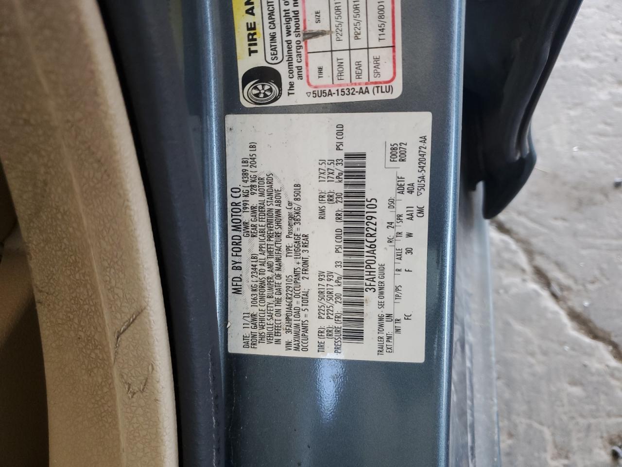 2012 Ford Fusion Sel VIN: 3FAHP0JA6CR229105 Lot: 71723145