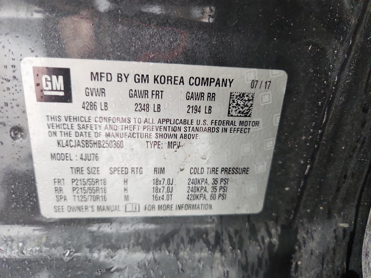 2017 Buick Encore Preferred VIN: KL4CJASB5HB250360 Lot: 81046195