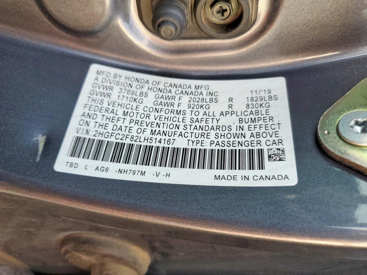 2020 Honda Civic Sport VIN: 2HGFC2F82LH514167 Lot: 70776815