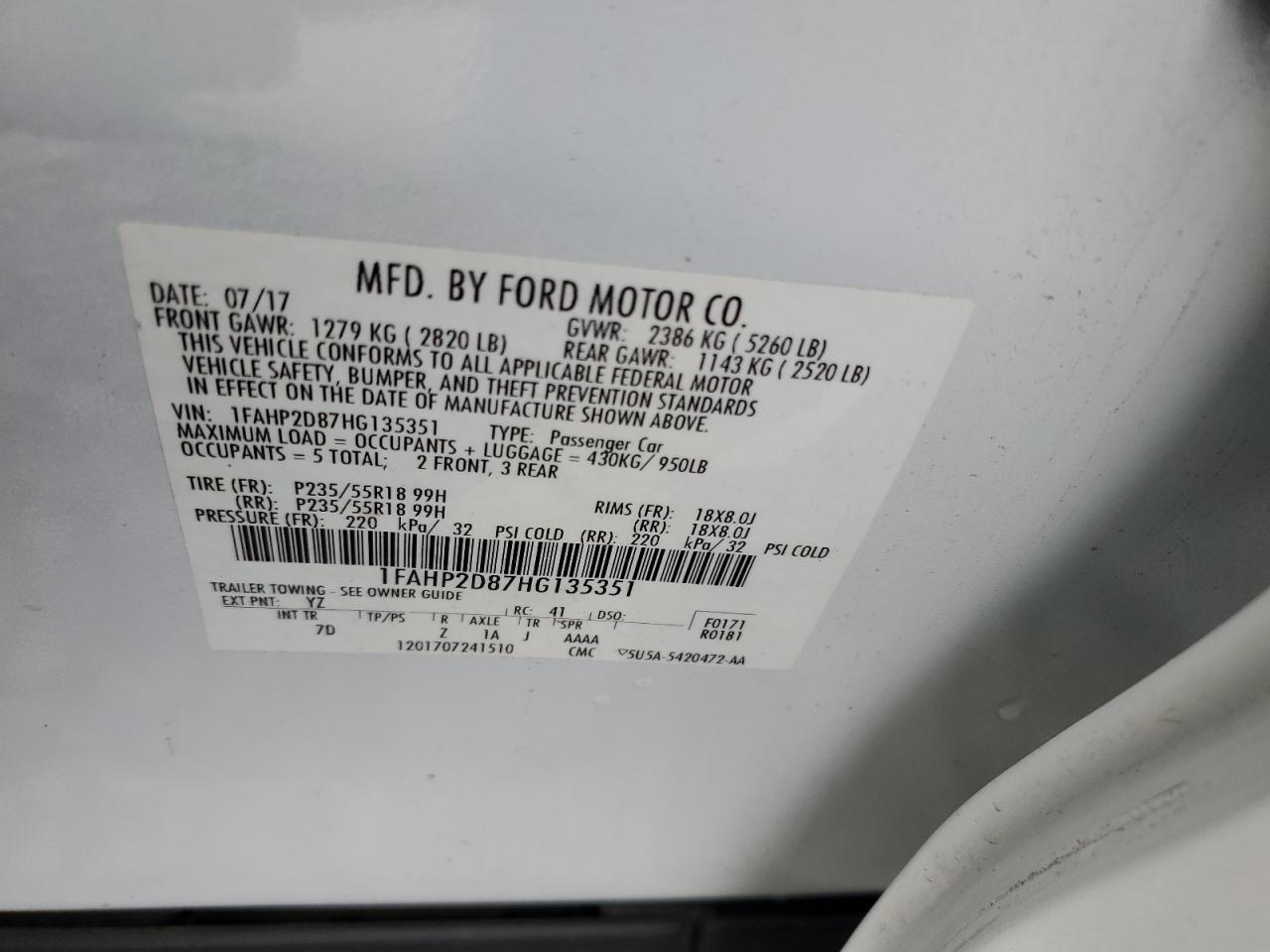 2017 Ford Taurus Se VIN: 1FAHP2D87HG135351 Lot: 84230805