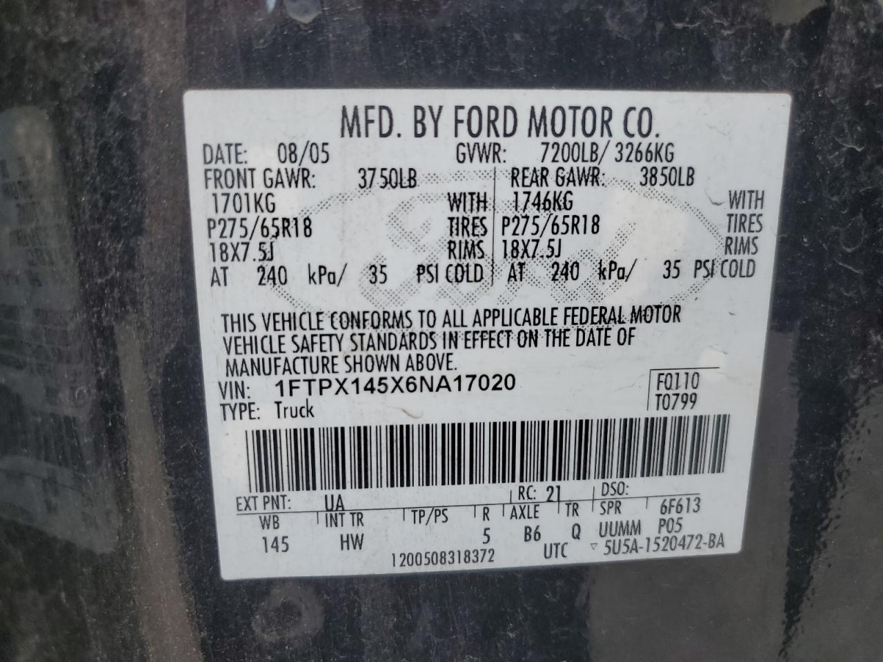 2006 Ford F150 VIN: 1FTPX145X6NA17020 Lot: 83756085