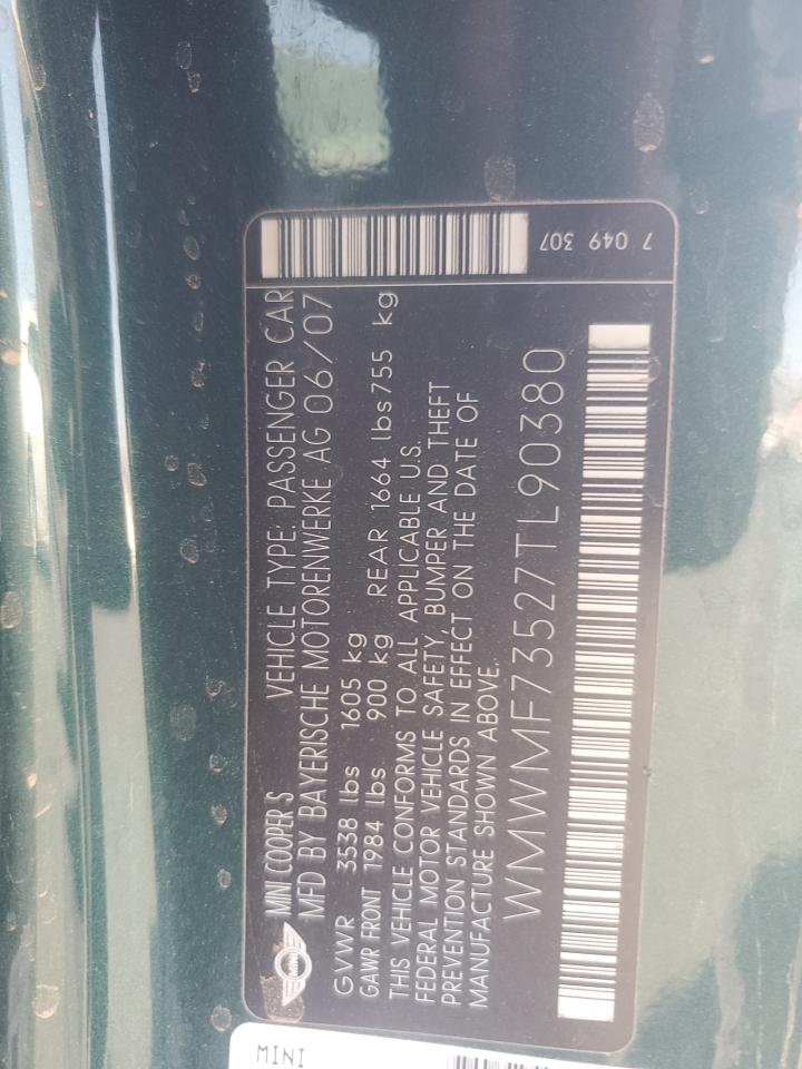 2007 Mini Cooper S VIN: WMWMF73527TL90380 Lot: 71687475
