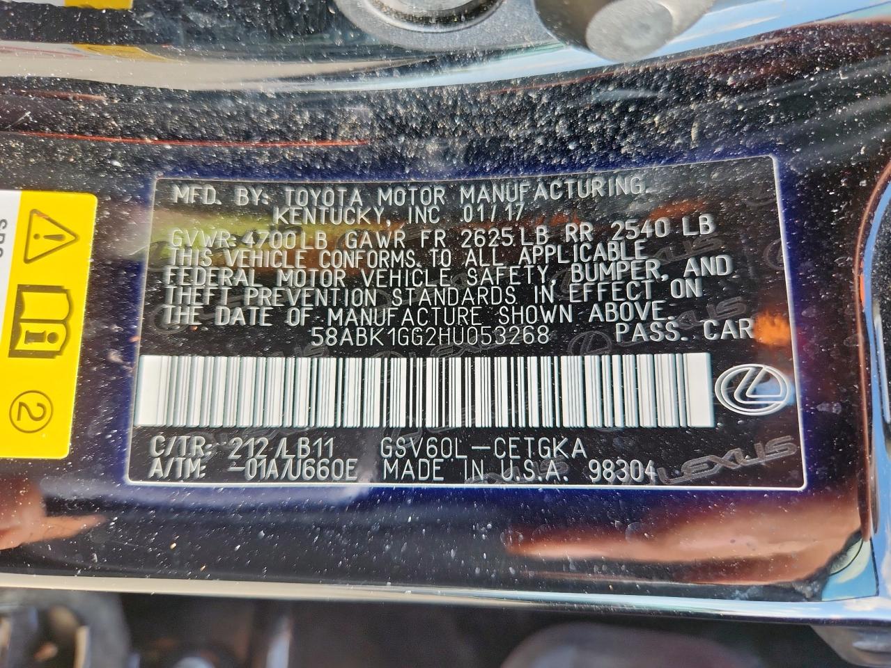 2017 Lexus Es 350 VIN: 58ABK1GG2HU053268 Lot: 81487425