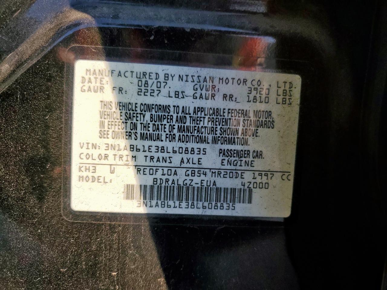 2008 Nissan Sentra 2.0 VIN: 3N1AB61E38L608835 Lot: 80580675