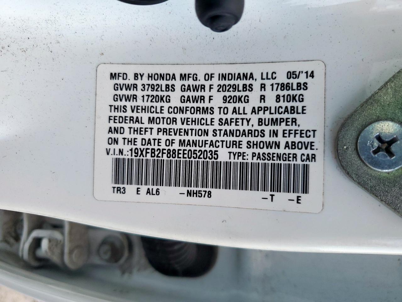 2014 Honda Civic Ex VIN: 19XFB2F88EE052035 Lot: 81884025