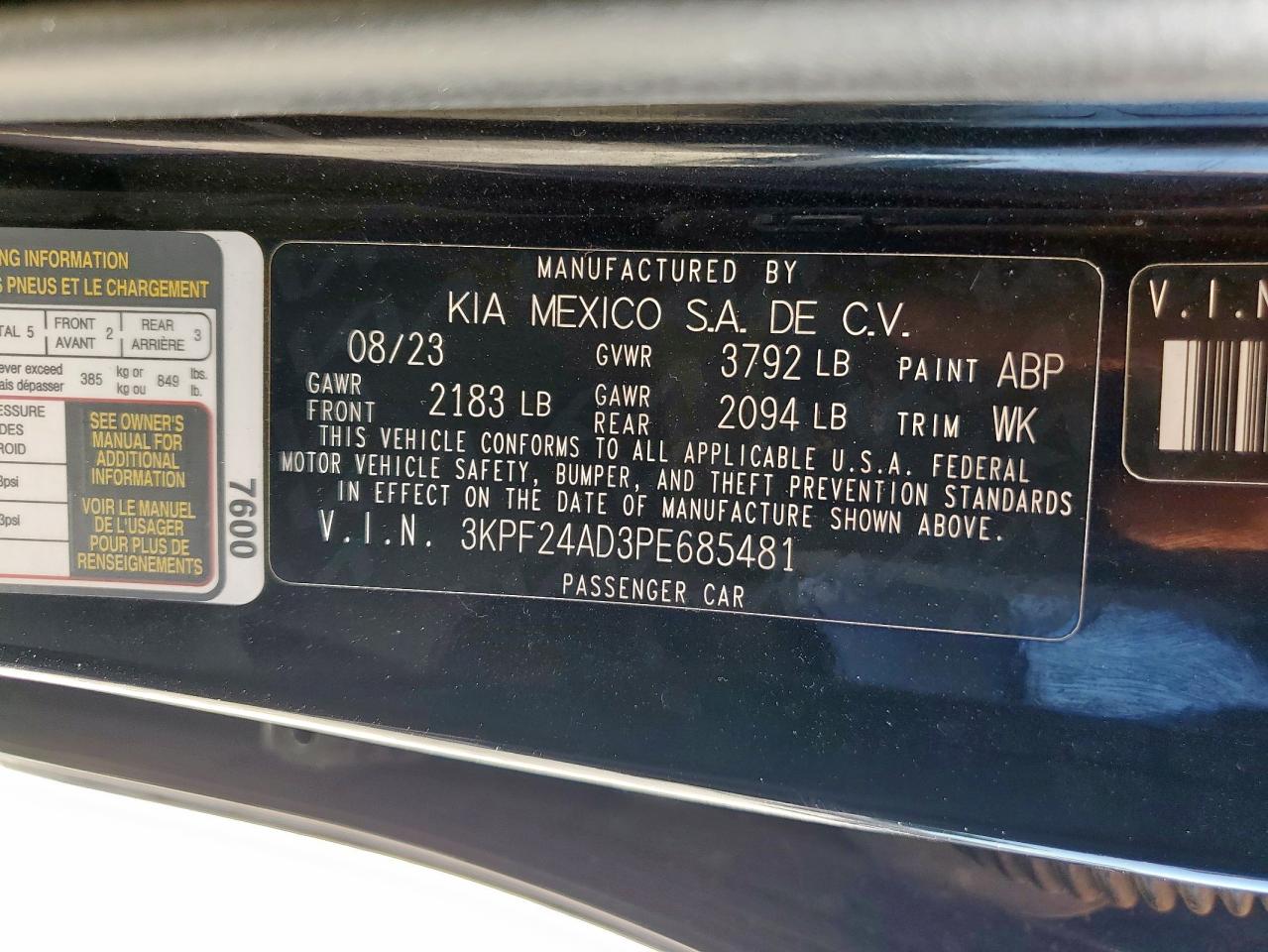 2023 Kia Forte Lx VIN: 3KPF24AD3PE685481 Lot: 84383765