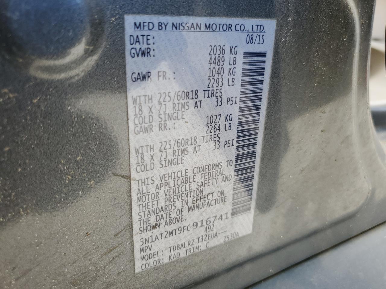 2015 Nissan Rogue S VIN: 5N1AT2MT9FC916741 Lot: 71873655