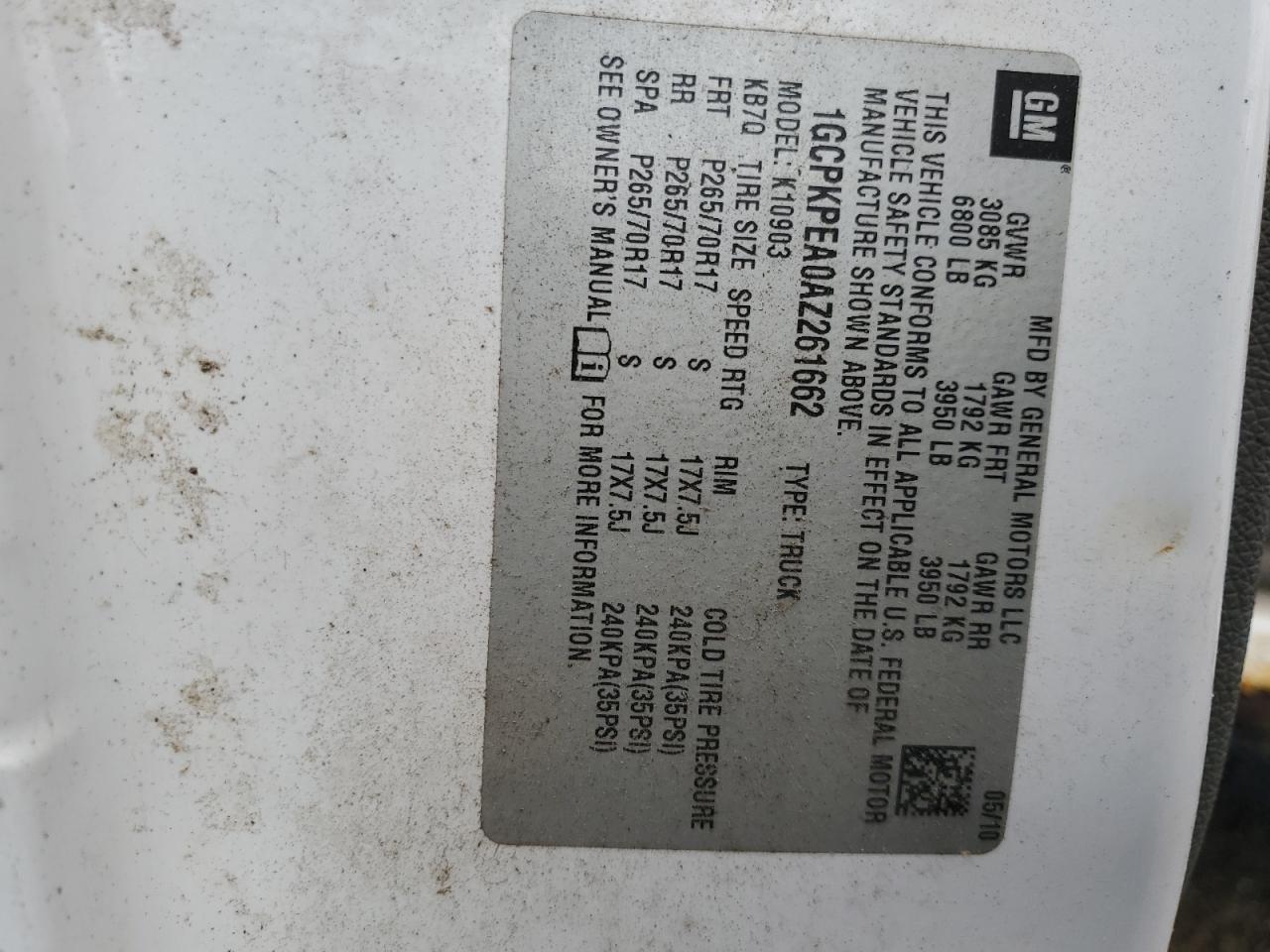 2010 Chevrolet Silverado K1500 VIN: 1GCPKPEA0AZ261662 Lot: 81443995