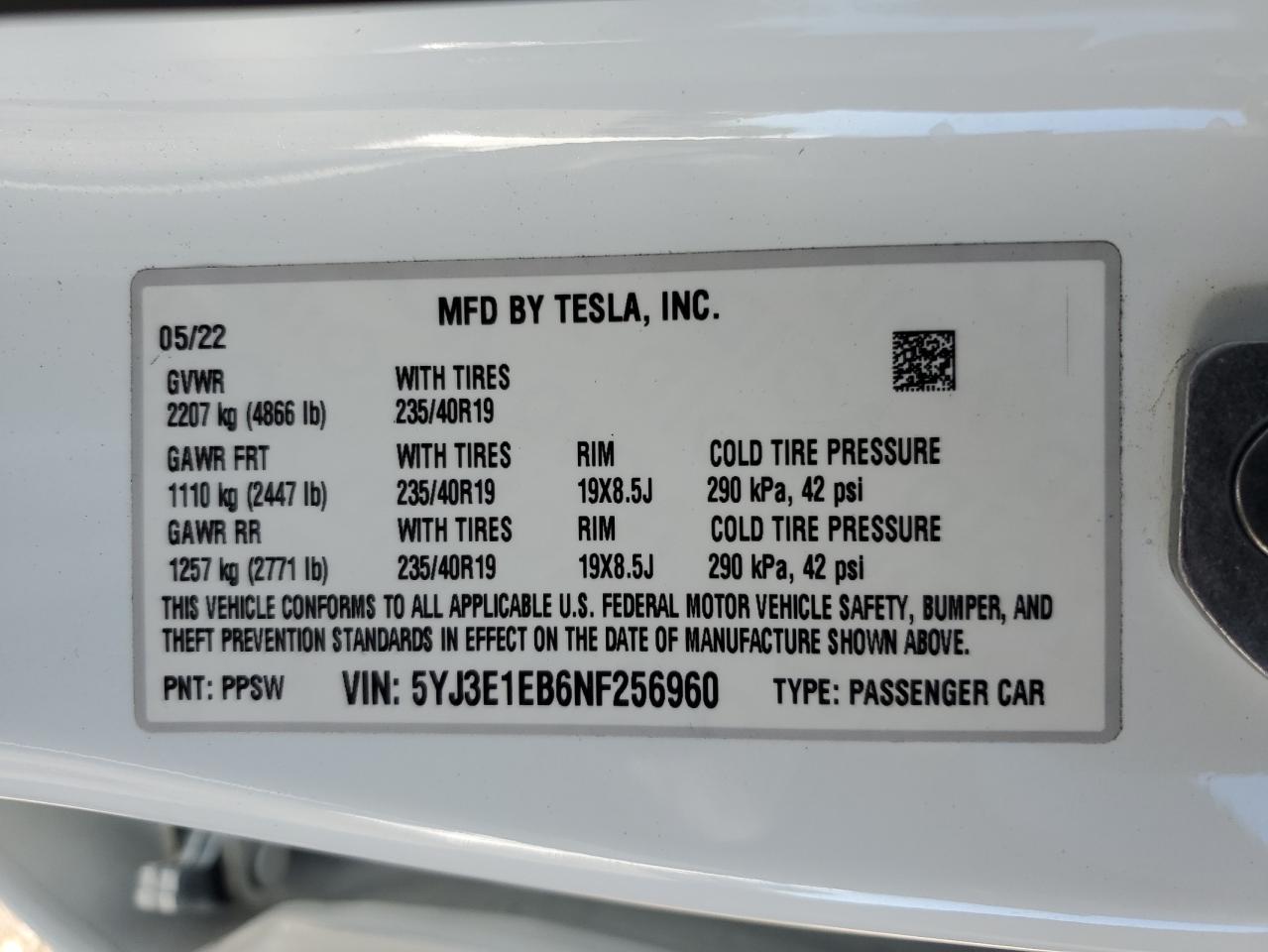 2022 Tesla Model 3 VIN: 5YJ3E1EB6NF256960 Lot: 71285795