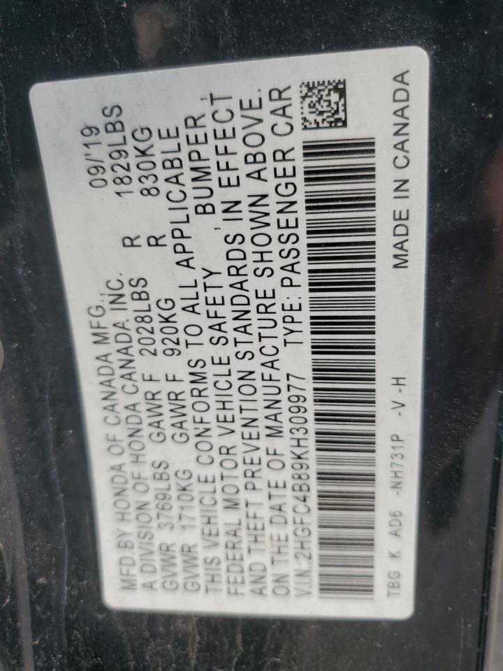 2019 Honda Civic Sport VIN: 2HGFC4B89KH309977 Lot: 81415835
