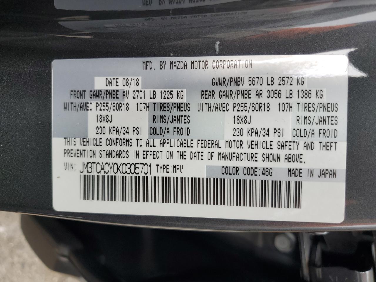 2019 Mazda Cx-9 Touring VIN: JM3TCACY0K0305701 Lot: 81283265