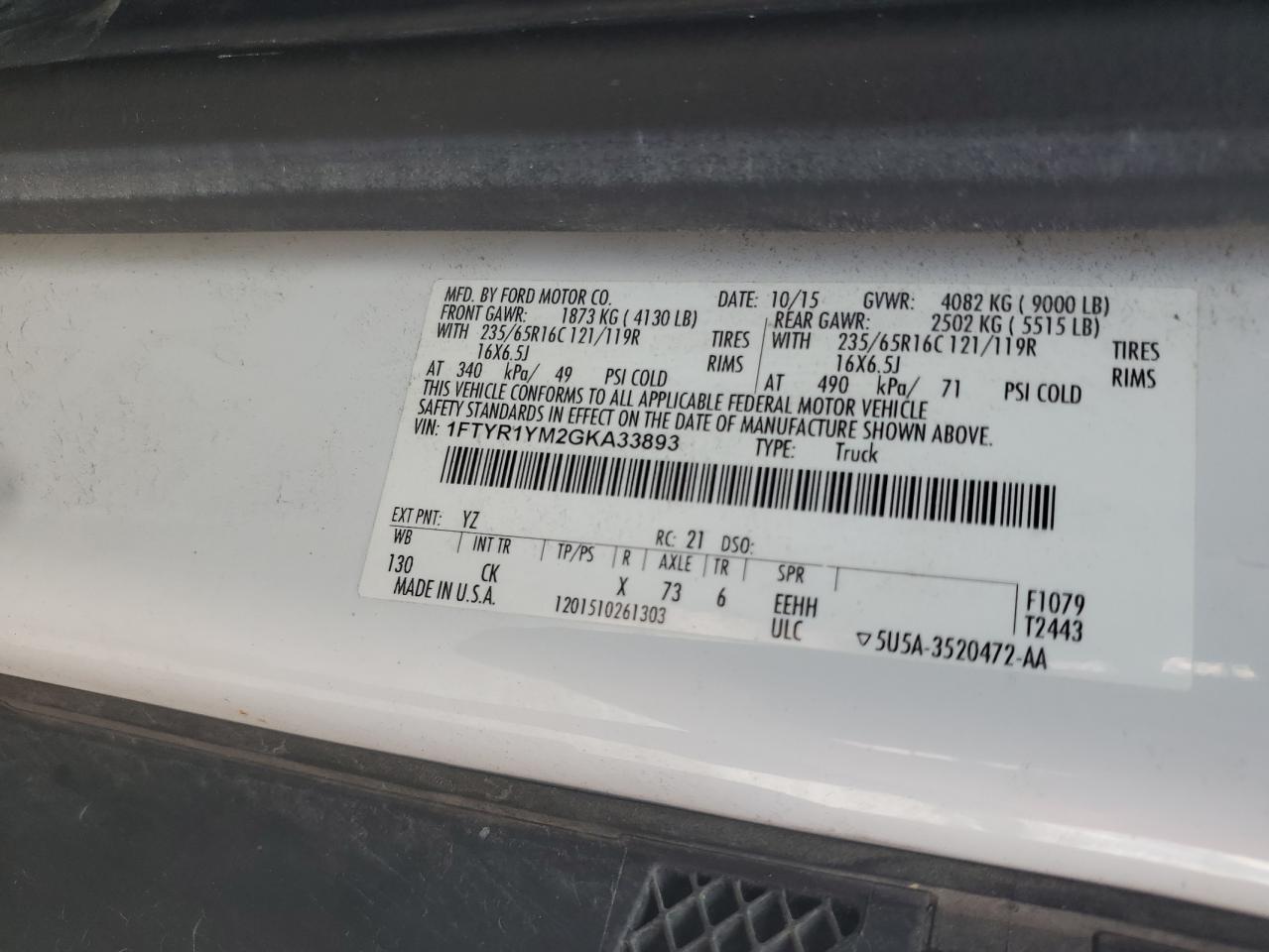 2016 Ford Transit T-250 VIN: 1FTYR1YM2GKA33893 Lot: 81575715