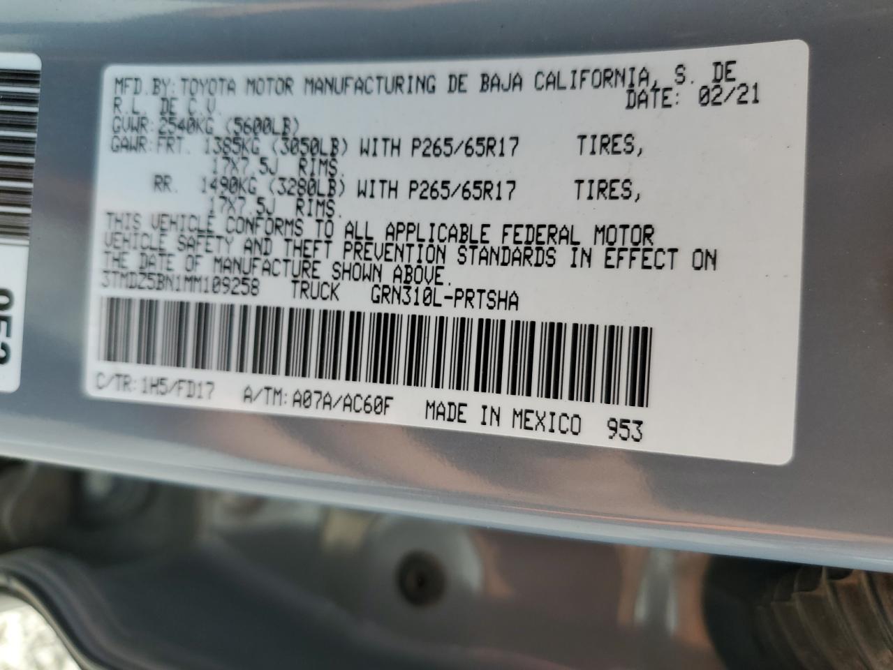 2021 Toyota Tacoma Double Cab VIN: 3TMDZ5BN1MM109258 Lot: 71451365