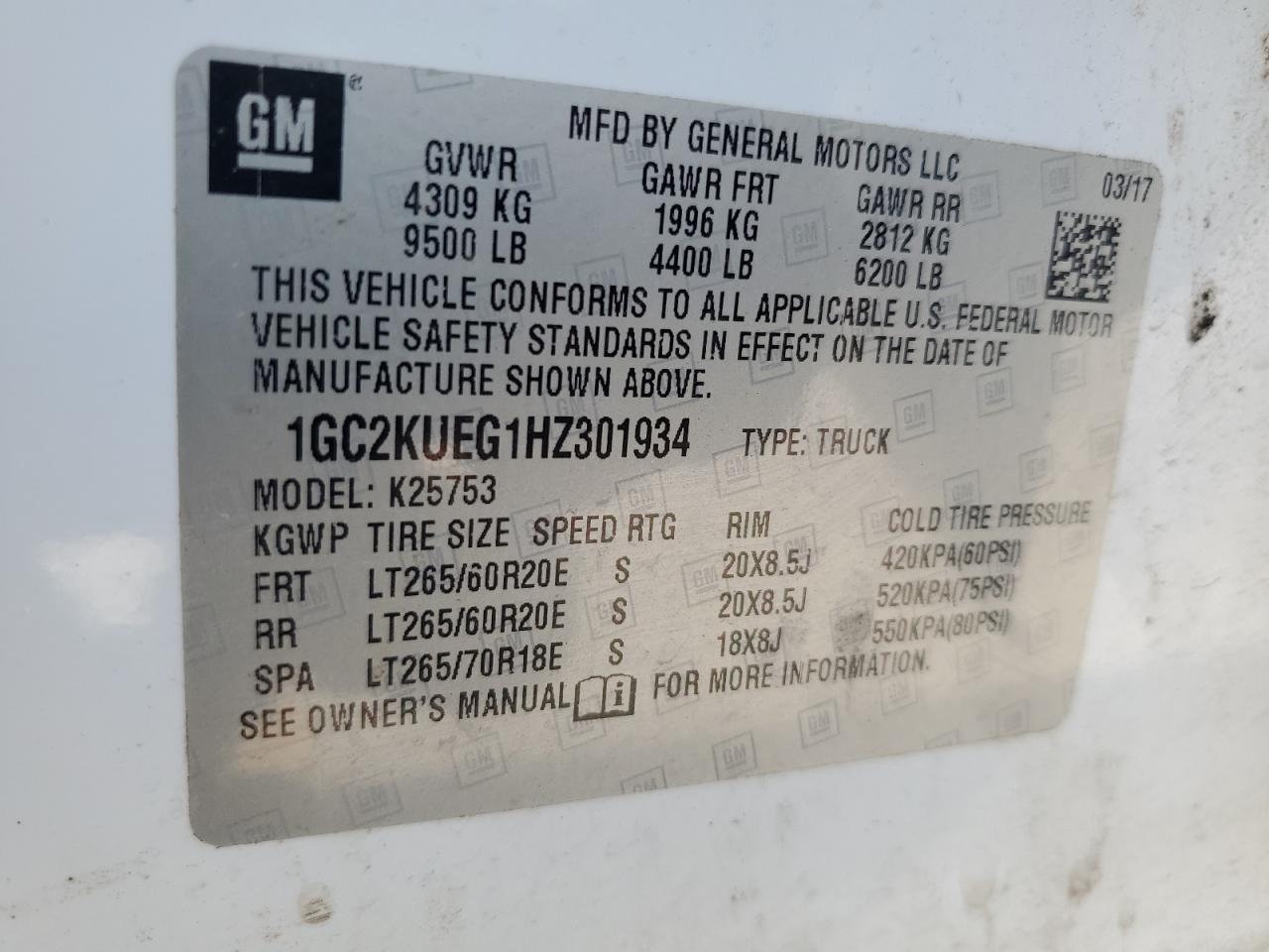 2017 Chevrolet Silverado K2500 Heavy Duty VIN: 1GC2KUEG1HZ301934 Lot: 81840225