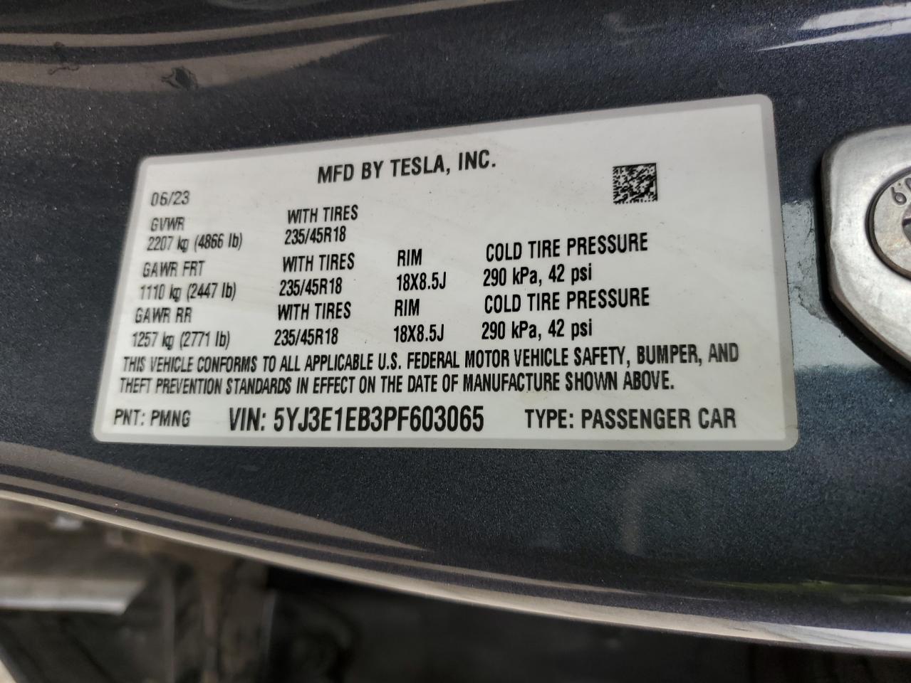2023 Tesla Model 3 VIN: 5YJ3E1EB3PF603065 Lot: 80909745