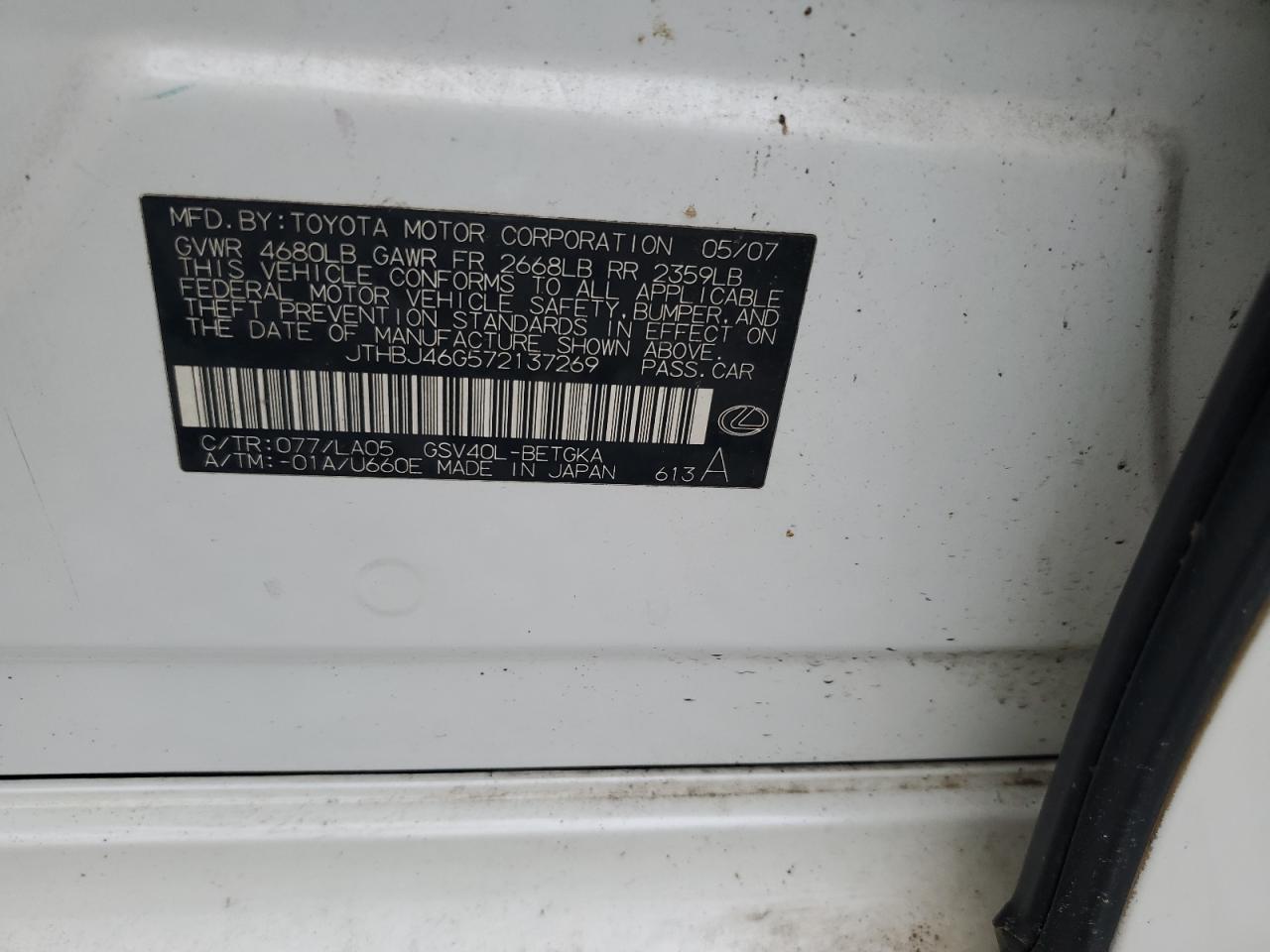 2007 Lexus Es 350 VIN: JTHBJ46G572137269 Lot: 71531125