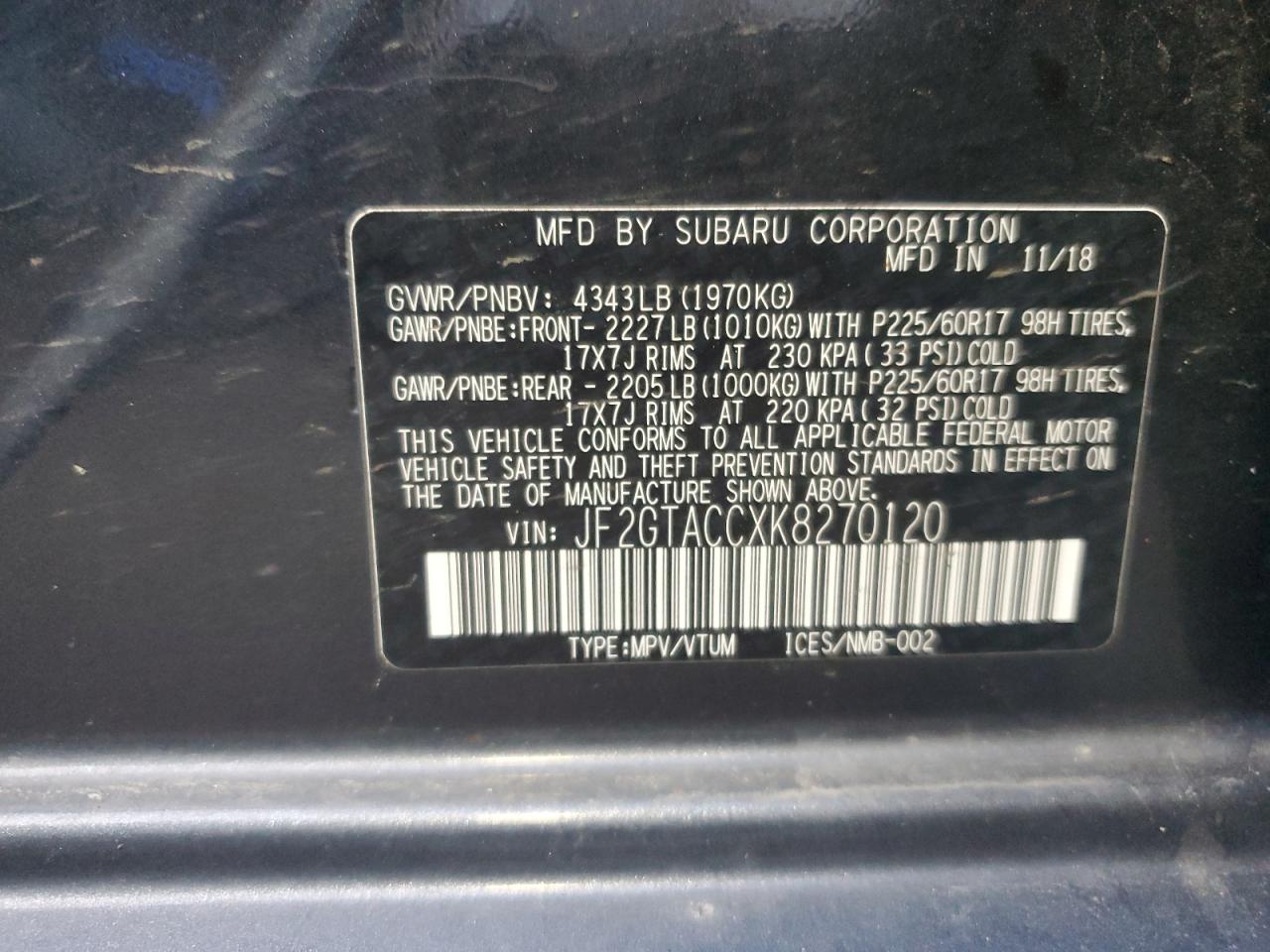 2019 Subaru Crosstrek Premium VIN: JF2GTACCXK8270120 Lot: 80311375