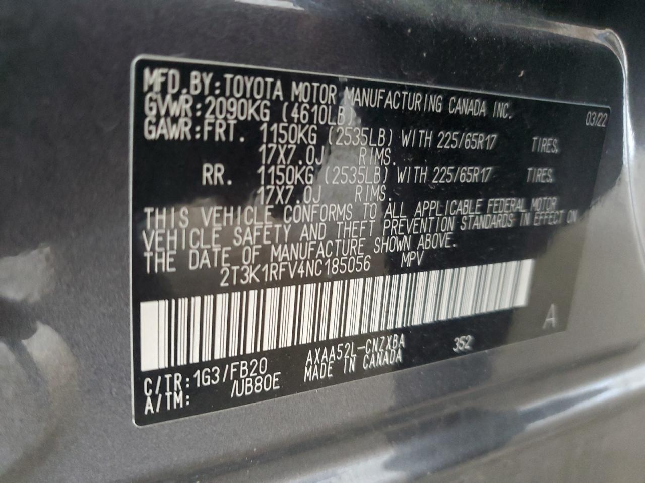2022 Toyota Rav4 Le VIN: 2T3K1RFV4NC185056 Lot: 71262735