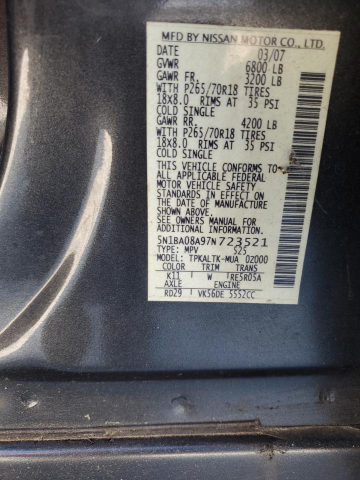 2007 Nissan Armada Se VIN: 5N1BA08A97N723521 Lot: 72007905