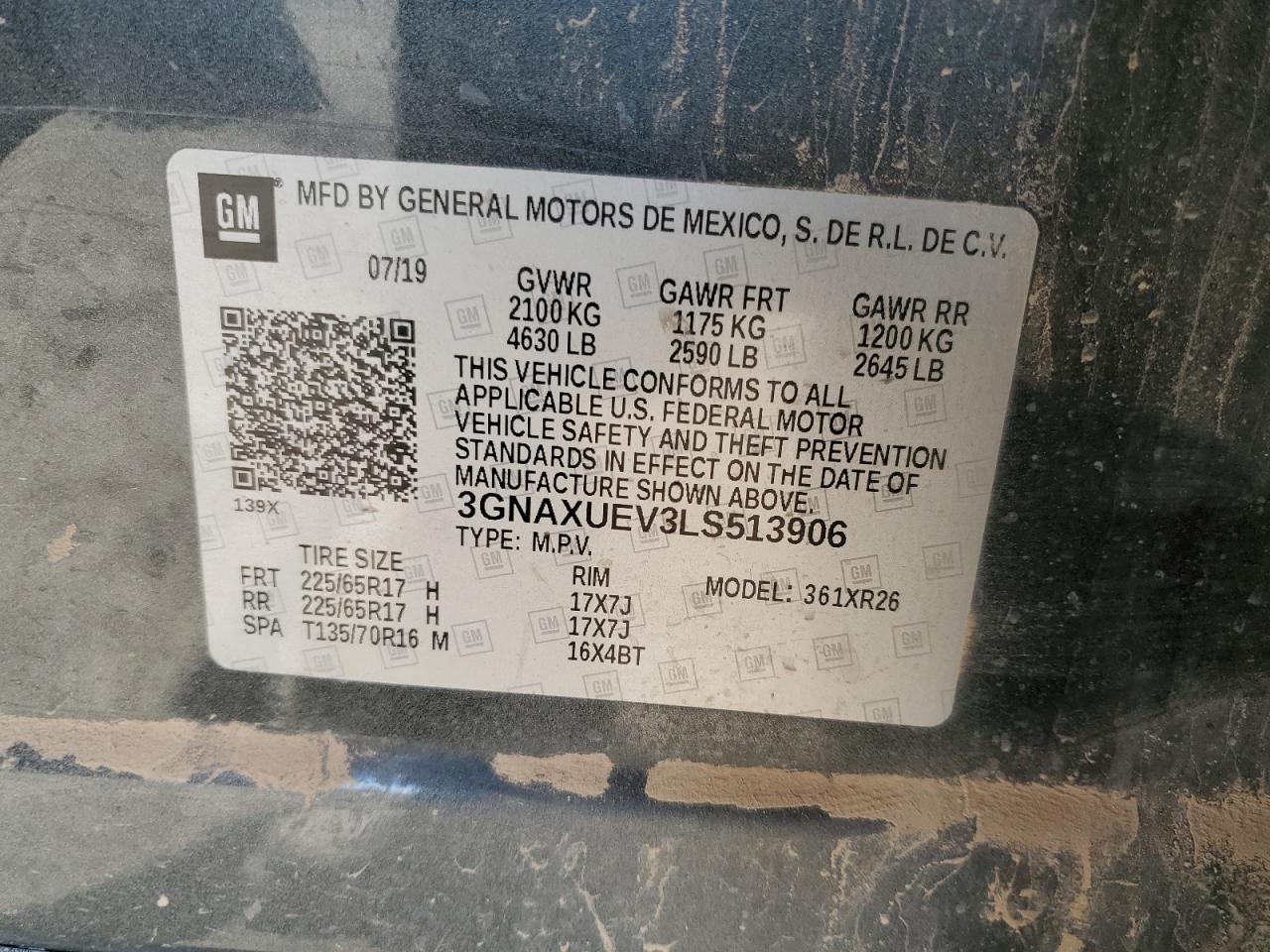 2020 Chevrolet Equinox Lt VIN: 3GNAXUEV3LS513906 Lot: 84387135