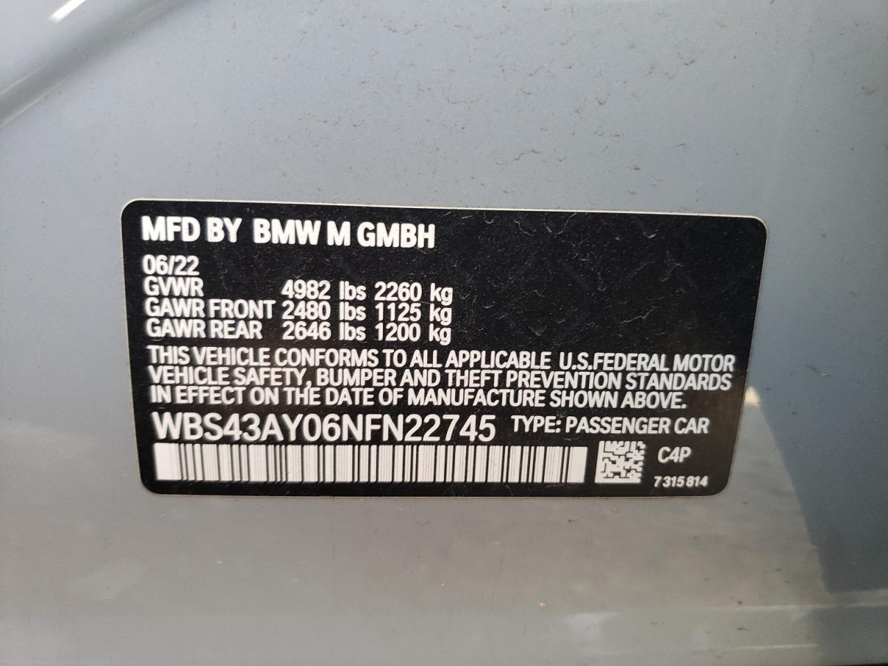 2022 BMW M3 Competition VIN: WBS43AY06NFN22745 Lot: 81806885