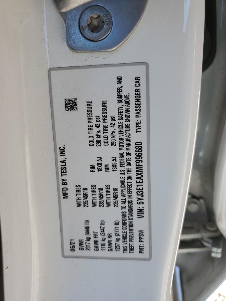 2021 Tesla Model 3 VIN: 5YJ3E1EAXMF996680 Lot: 81506085