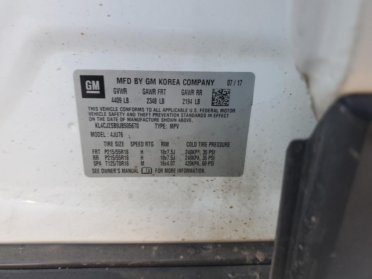 2018 Buick Encore Sport Touring VIN: KL4CJ2SB9JB505670 Lot: 81896245