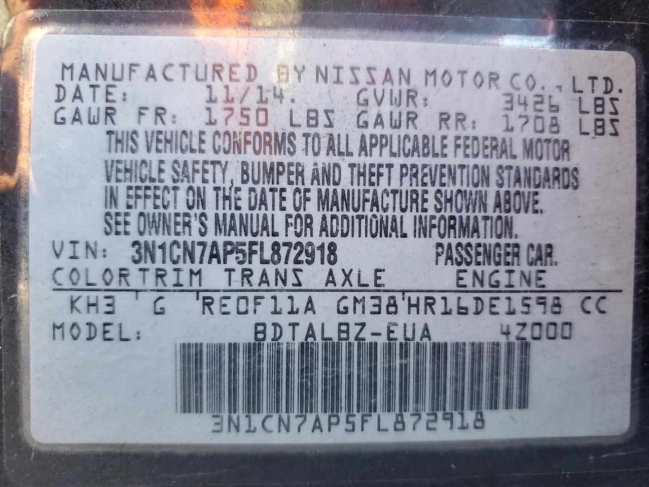 2015 Nissan Versa S VIN: 3N1CN7AP5FL872918 Lot: 80389865
