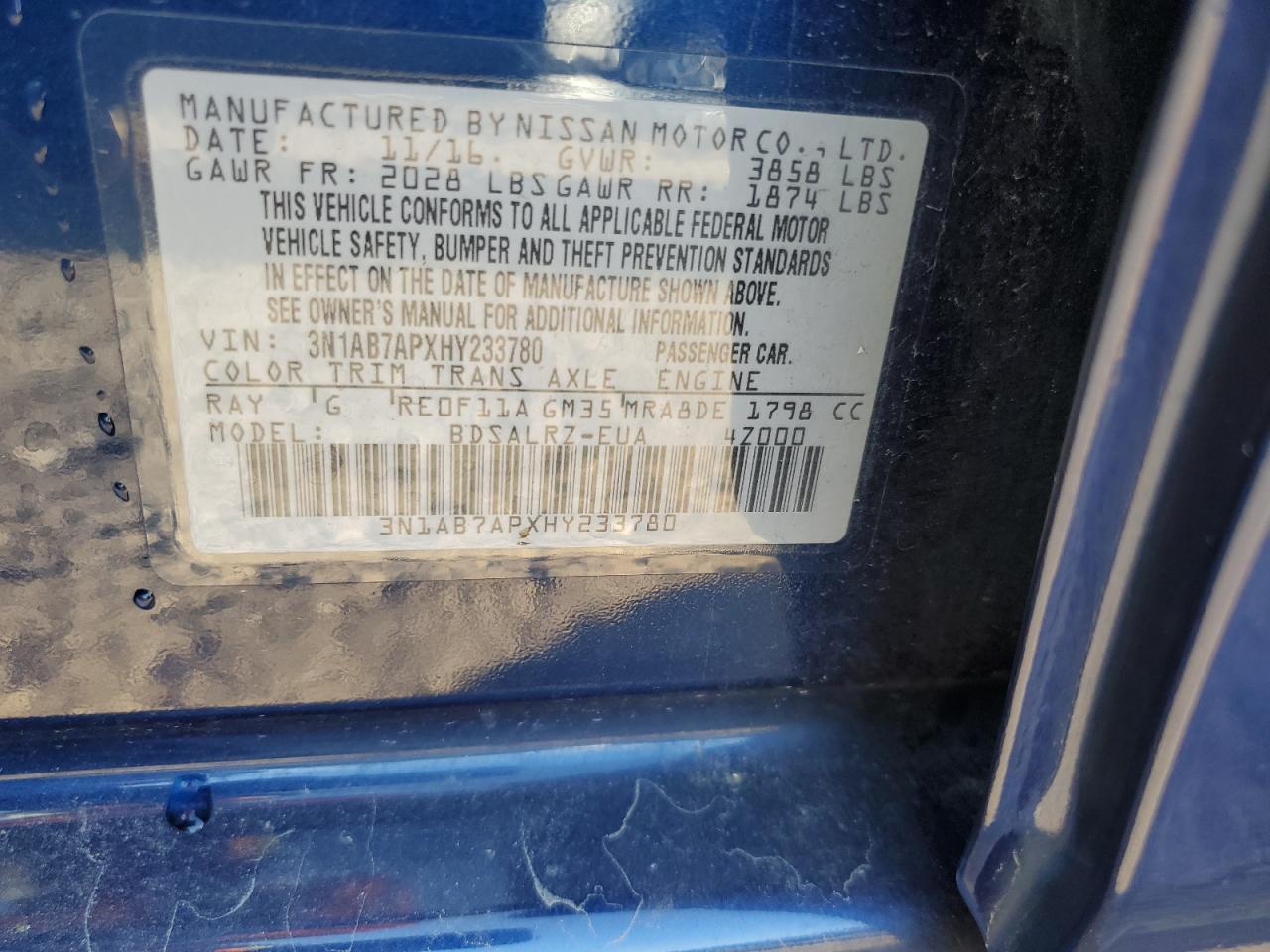 2017 Nissan Sentra S VIN: 3N1AB7APXHY233780 Lot: 80754305