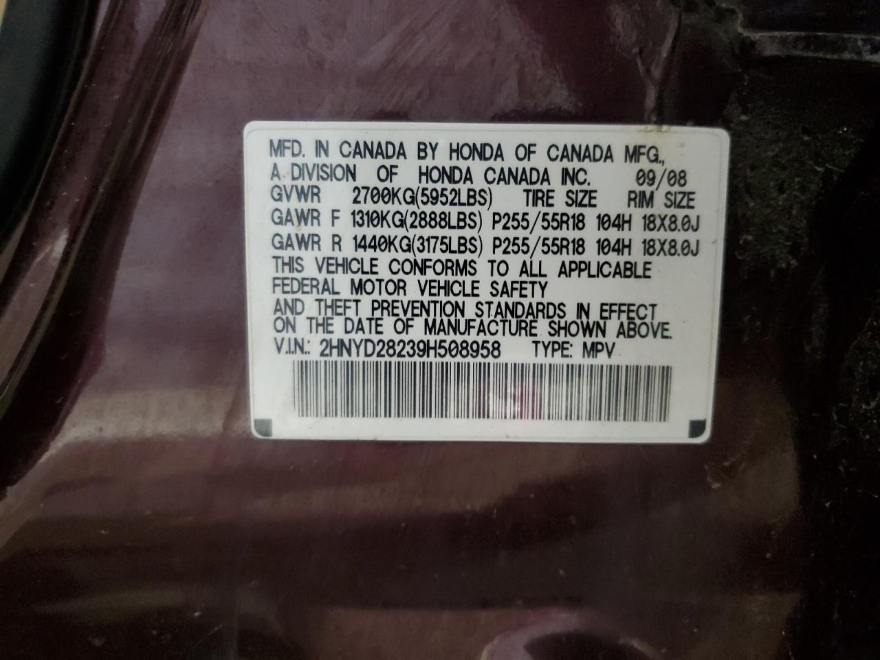 2009 Acura Mdx VIN: 2HNYD28239H508958 Lot: 71034945