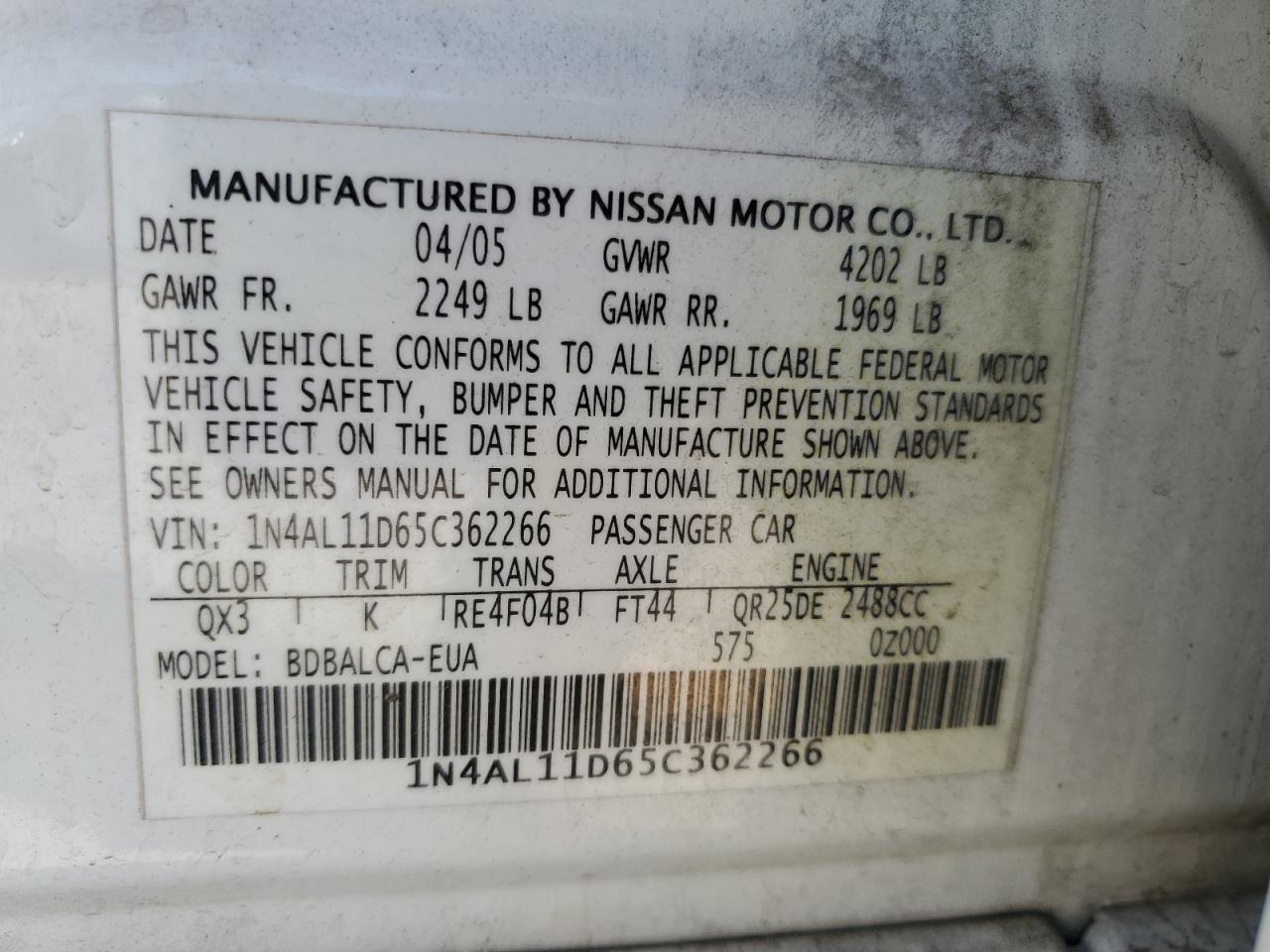 2005 Nissan Altima S VIN: 1N4AL11D65C362266 Lot: 84050225