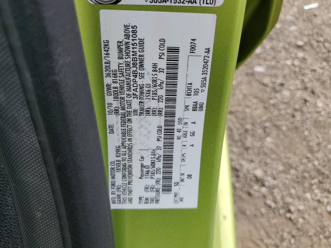 2011 Ford Fiesta Se VIN: 3FADP4BJ8BM151085 Lot: 80998615