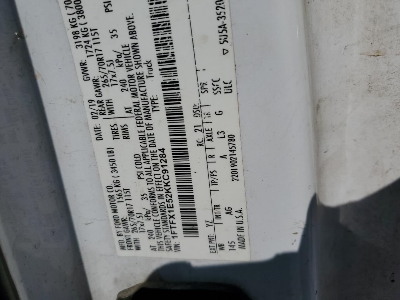 2019 Ford F150 Super Cab VIN: 1FTFX1E52KKC91284 Lot: 71714485