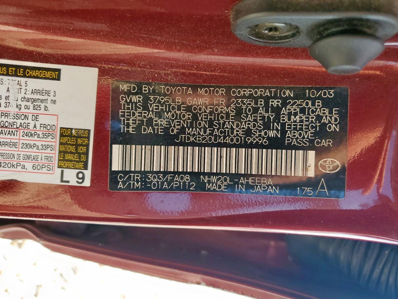 2004 Toyota Prius VIN: JTDKB20U440019996 Lot: 71150365