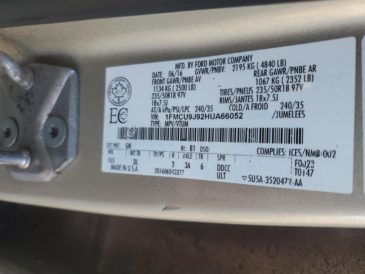 2017 Ford Escape Titanium VIN: 1FMCU9J92HUA66052 Lot: 80910655