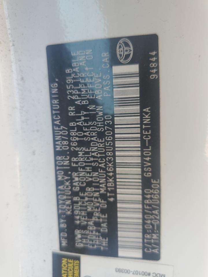 2008 Toyota Camry Le VIN: 4T1BK46K38U560730 Lot: 81889395