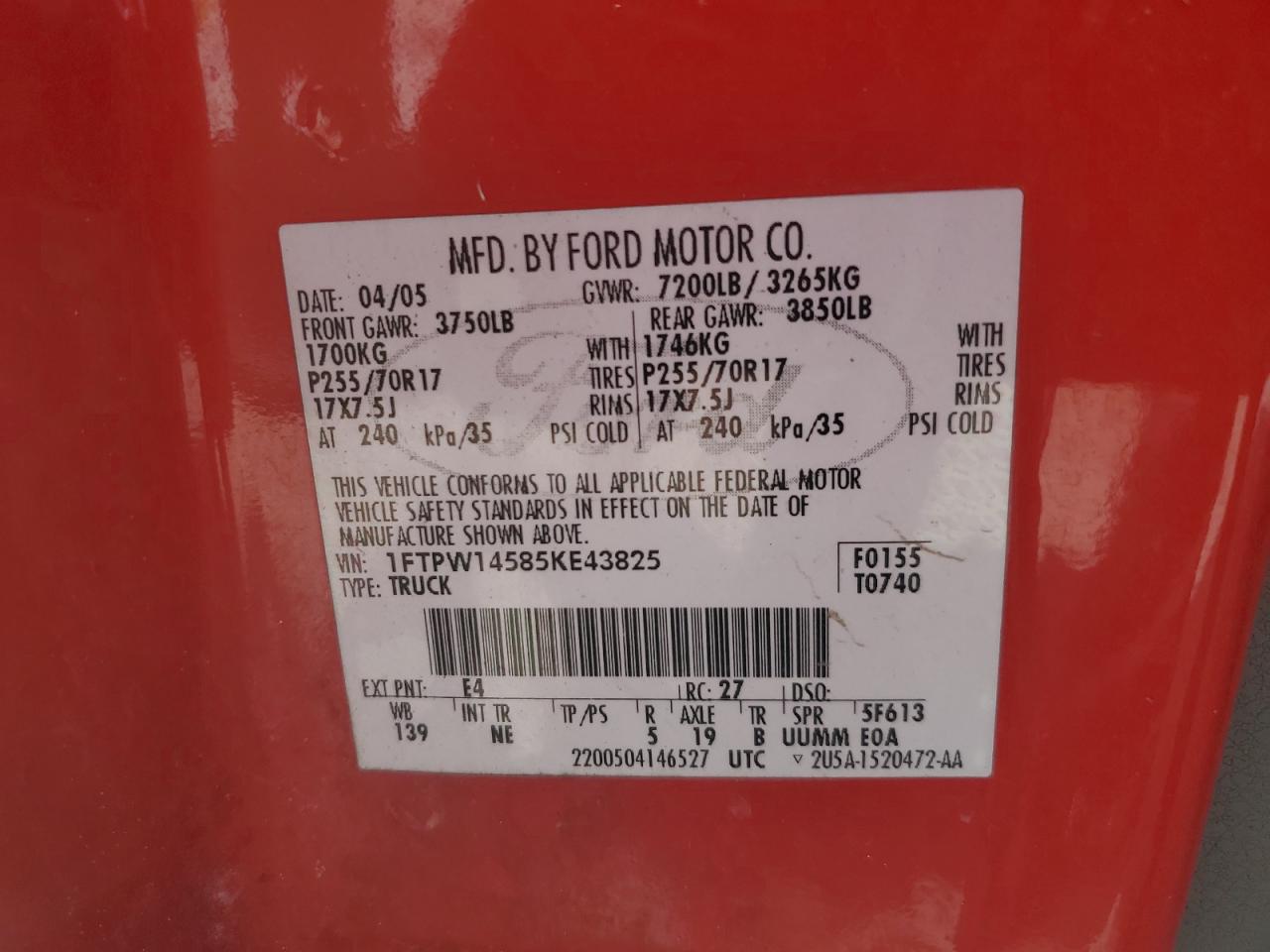 2005 Ford F150 Supercrew VIN: 1FTPW14585KE43825 Lot: 83967965