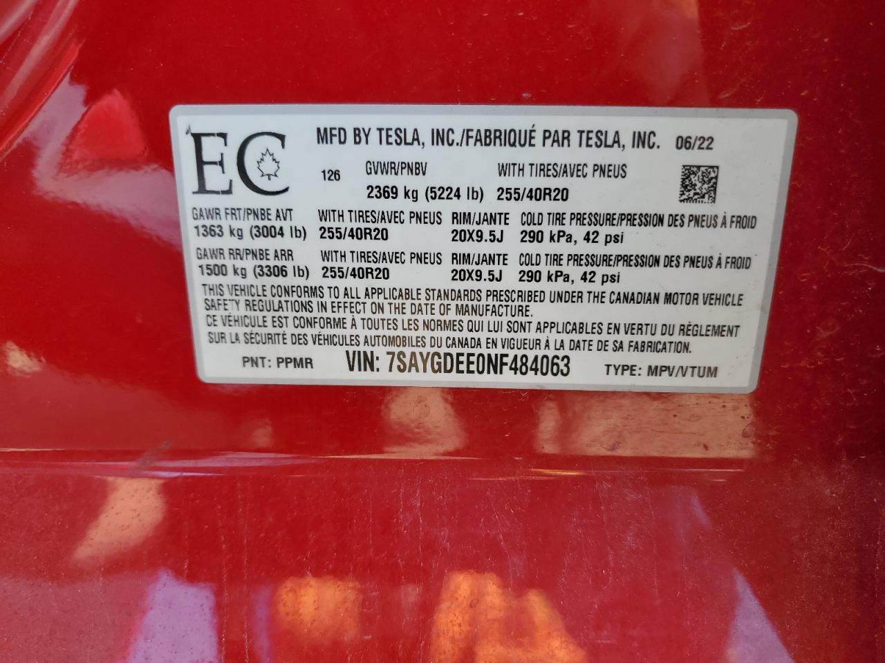 2022 Tesla Model Y VIN: 7SAYGDEE0NF484063 Lot: 80526455