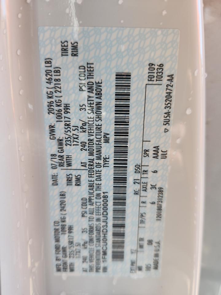 2018 Ford Escape Sel VIN: 1FMCU0HD3JUD00081 Lot: 71709755