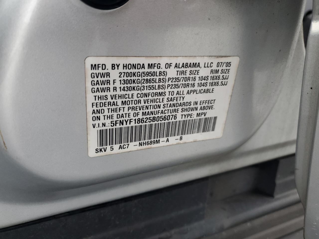 2005 Honda Pilot Exl VIN: 5FNYF18625B056076 Lot: 81062835
