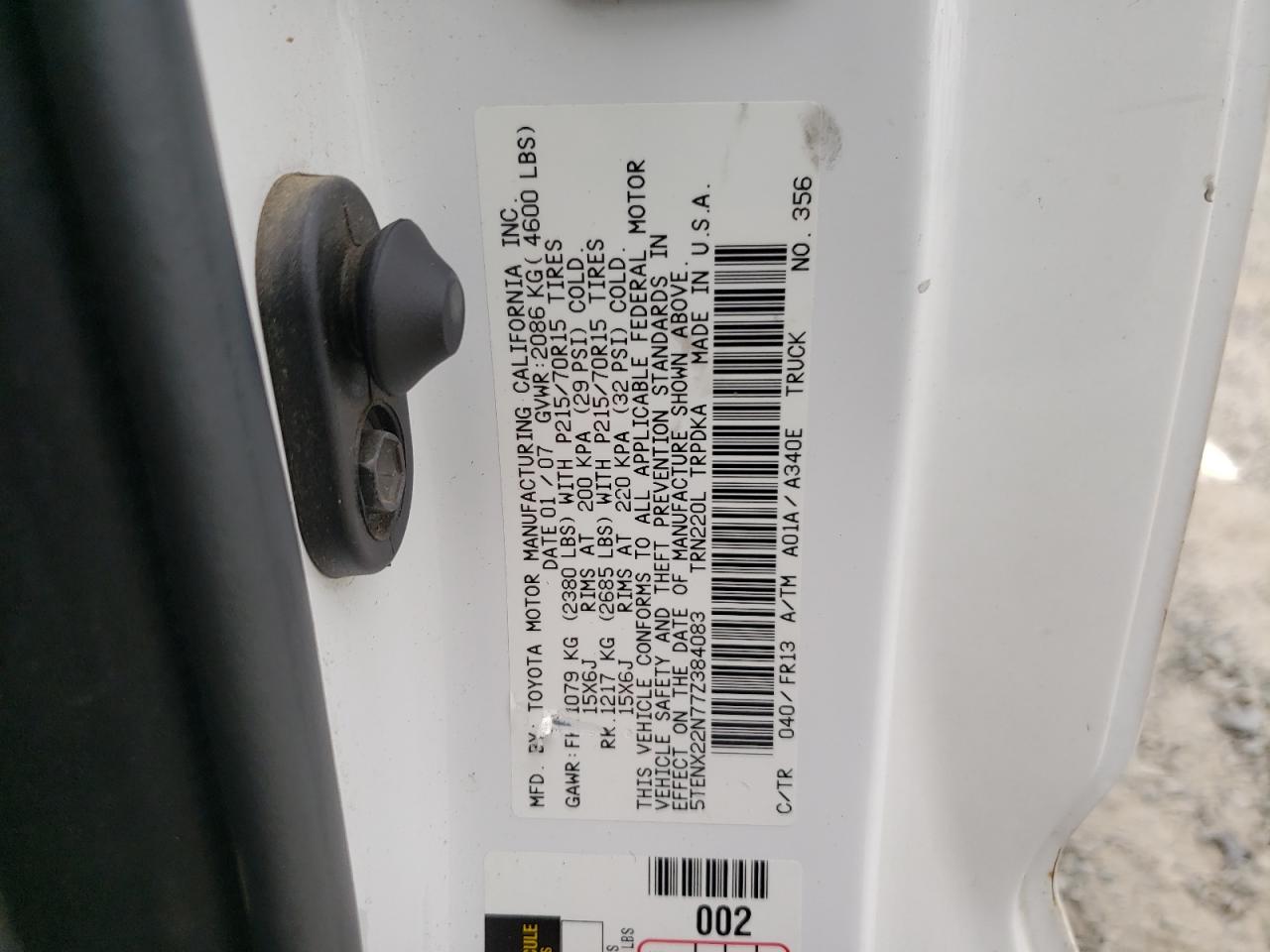 2007 Toyota Tacoma VIN: 5TENX22N77Z384083 Lot: 82101575