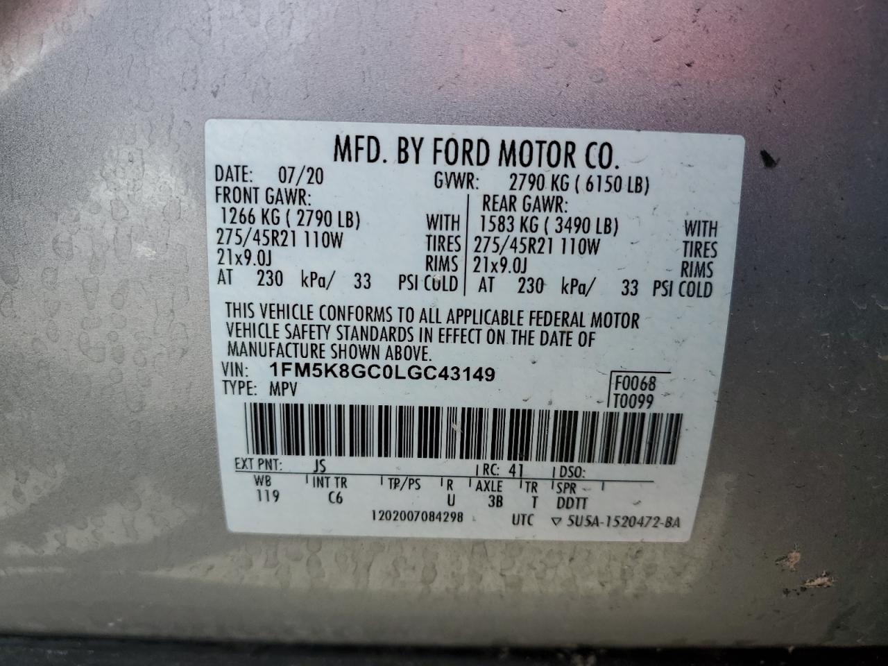2020 Ford Explorer St VIN: 1FM5K8GC0LGC43149 Lot: 83848645